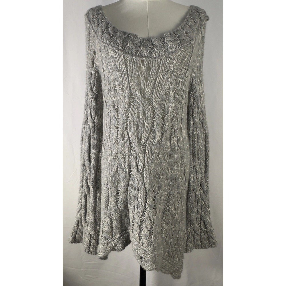 Free People Open Knit Chunky Cable Sweater Tunic Grunge Distressed Sz L/G